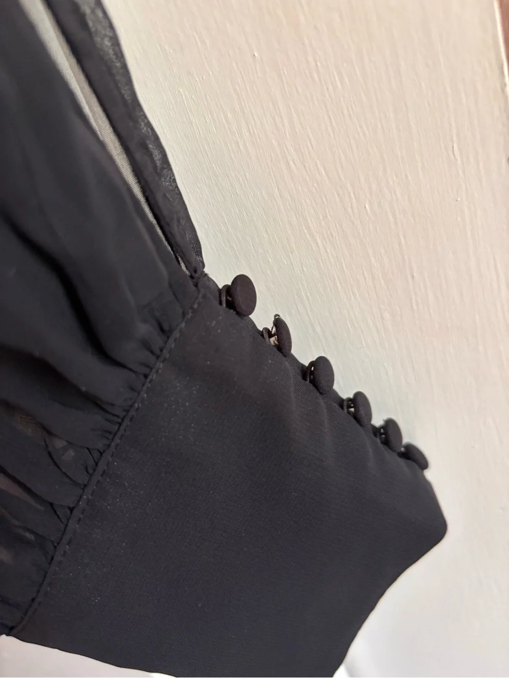 Grace Black Sheer Tie-Neck Blouse with Textured Bodice